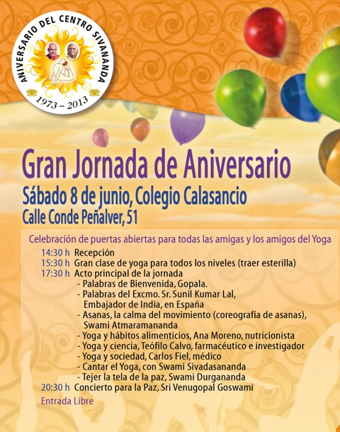 Invitación a 40 aniversario Centro Yoga Sivananda, 8 junio 14:30 horas en adelante