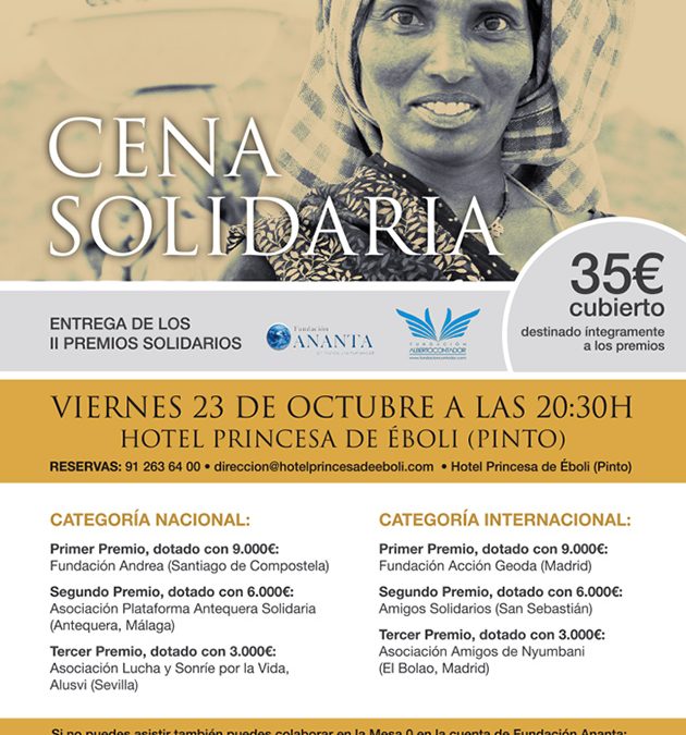 Invitación Cena Solidaria para la entrega de los II Premios Solidarios Fundacion Ananta Fundacion Alberto Contador- Pinto viernes 23 de octubre