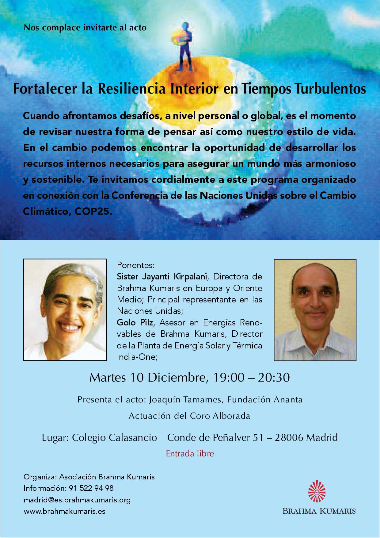 Fortalecer la resiliencia interior, con Sister Jayanti, Colegio Calasancio de Madrid,  10 diciembre 2019